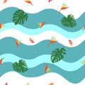 Colorful wave strips seamless pattern with tropical flowers and leaves, exotic flora texture, editable vector illustration